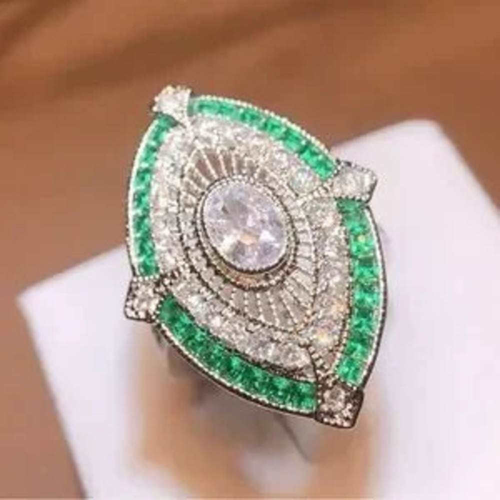 Vintage White Green Cubic Zirconia CZ Princess size 6, 7, 8